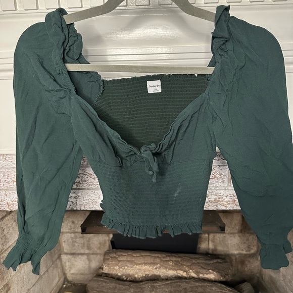 Sunday Best Green Puff Sleeve Blouse with Tie Front - Picture 1 of 5